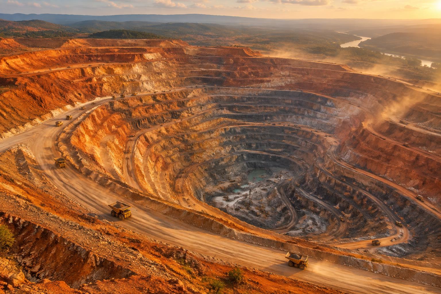 Vue aérienne d'une mine de cuivre à ciel ouvert avec camions miniers